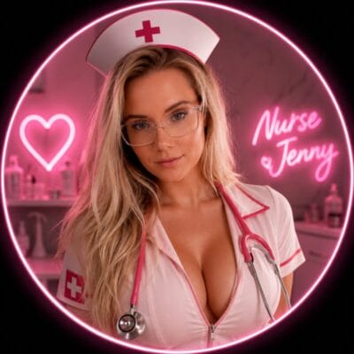 Woman in a nurse costume with stethoscope, pink neon background and a glowing 'Nurse Jenny' sign behind her.
