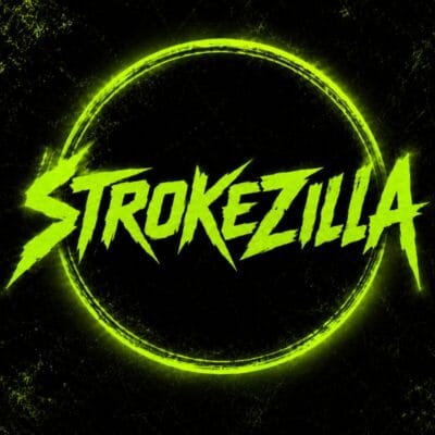 Neon green logo reading 'Strokezilla' with jagged letters inside a glowing circle on a black background.